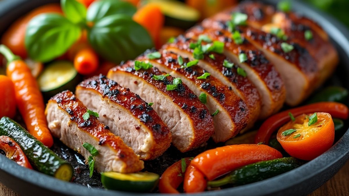 Les l&eacute;gumes vari&eacute;s qui r&eacute;veillent et &eacute;quilibrent le filet mignon de porc dans chaque assiette