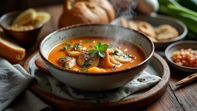 Une soupe de poisson rustique au safran et ail r&ocirc;ti qui allie tradition et saveurs intenses &agrave; chaque cuiller&eacute;e