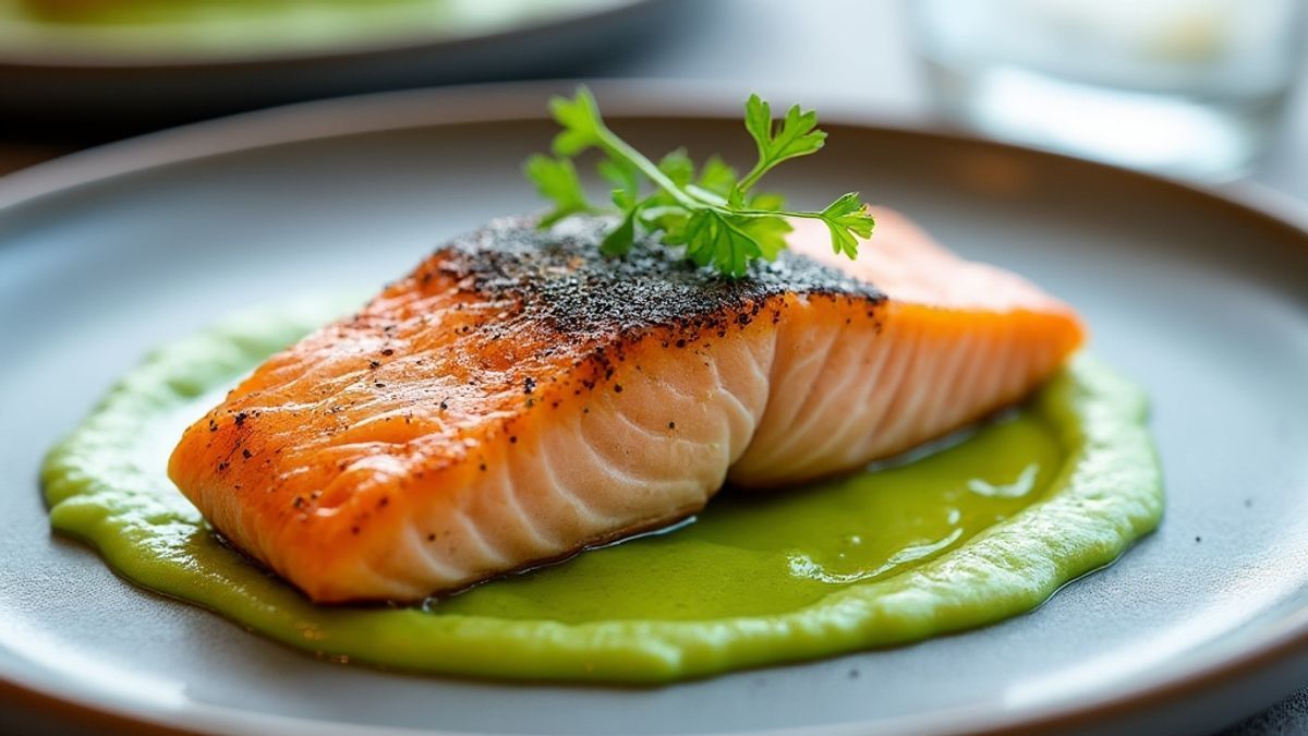 Le saumon snack&eacute; sur pur&eacute;e de c&eacute;leri et jus r&eacute;duit, une alliance parfaite pour un repas sain et savoureux